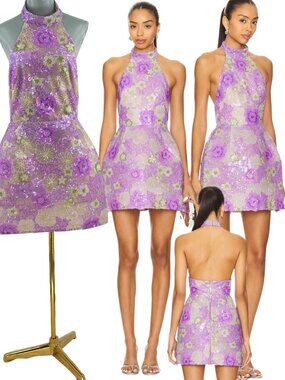 🆕 BRONX & BANCO 🧿 NWOT Deidre Floral Sequin Halter Mini Dress Lilac Sz XL US10